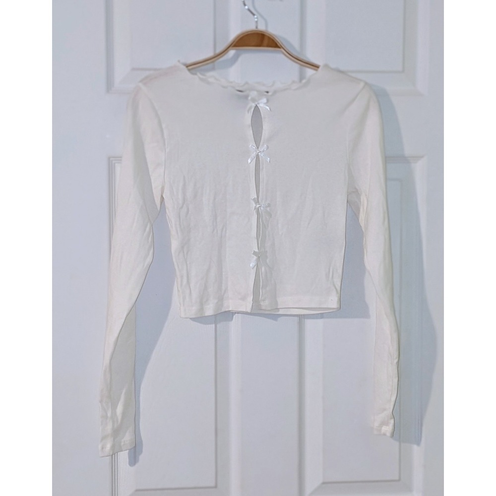 Primark White Bow Front Long Sleeve Crop Top Ruffle Neckline Size‎ S